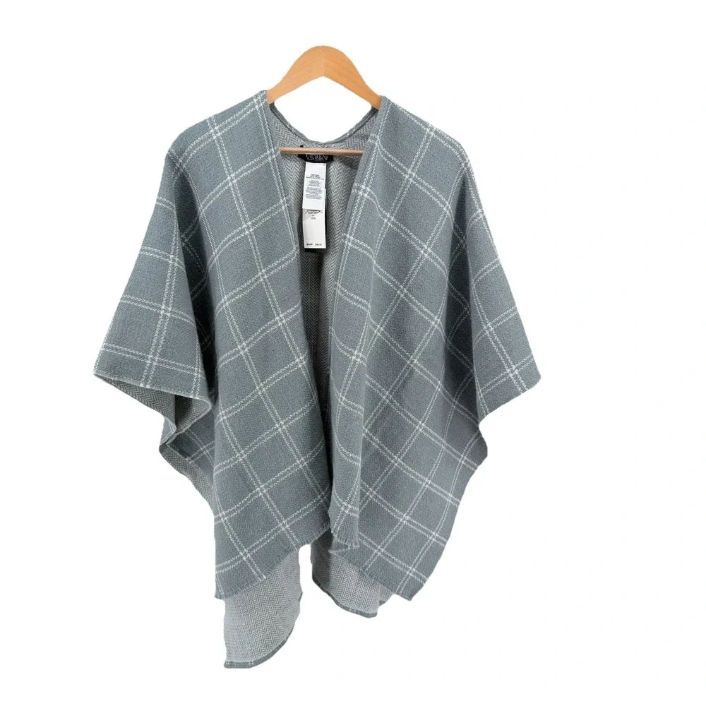 NEW Lauren Ralph Lauren Herringbone Windowpane Reversible Ruana Poncho Cape Wrap